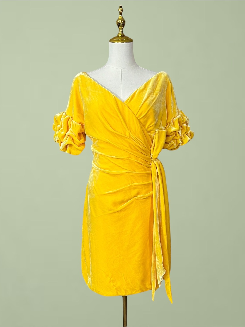 Free People Yellow Velvet Faux Wrap Dress Sz 4